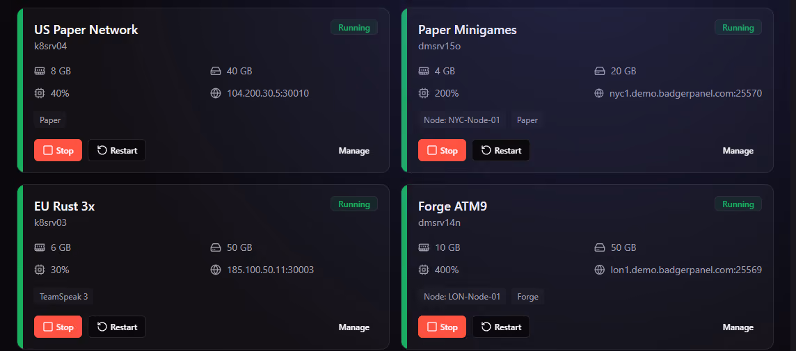 The customer view in BadgerPanel: a card for each game server showing memory, disk, CPU and connection address, with start, stop, restart and manage controls on every card.