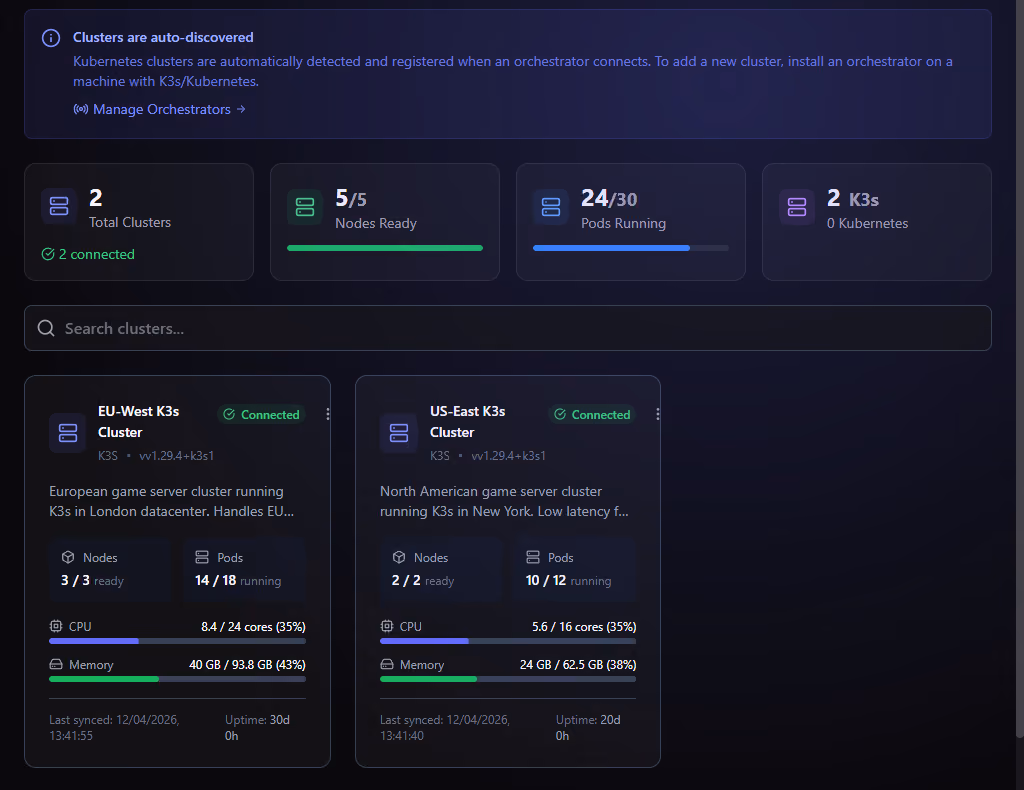The Clusters view in BadgerPanel showing a K3s cluster auto-detected via an orchestrator, with nodes ready, pods running and live CPU and memory.