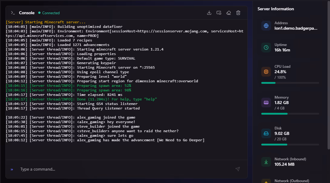 The live server console in BadgerPanel streaming a Minecraft server startup log, with a command input and a live CPU, memory, disk and network sidebar.