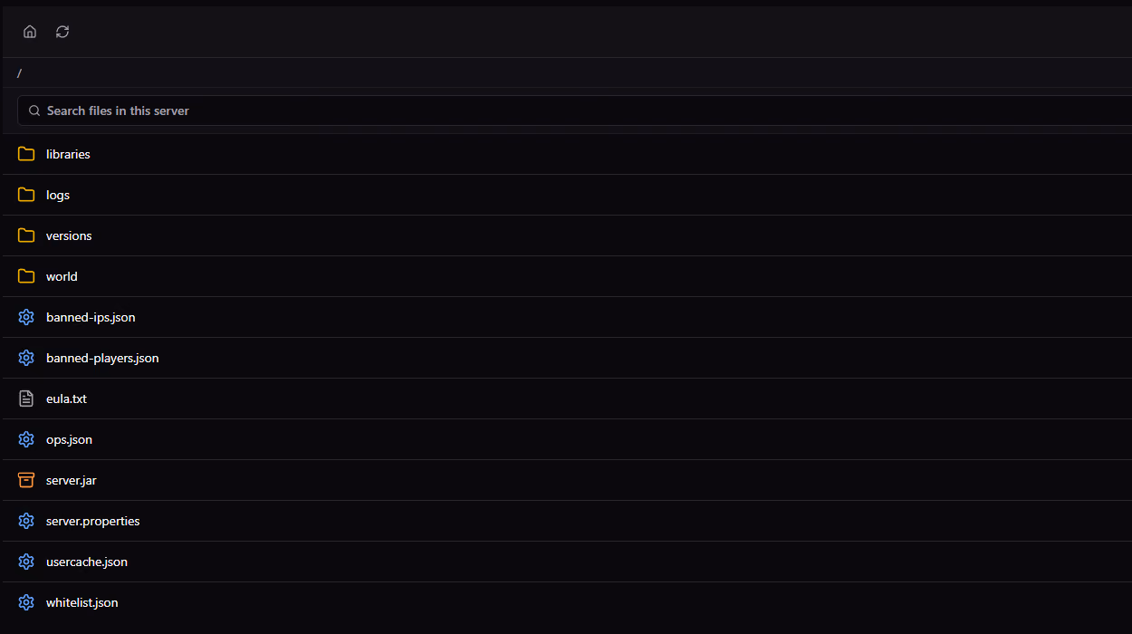 The file manager in BadgerPanel showing a Minecraft server directory with folders for worlds, logs and versions alongside its config and JSON files.