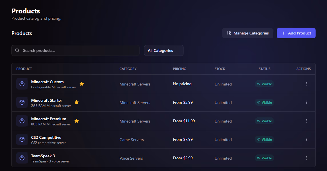 The product catalogue in BadgerPanel listing hosting plans with their category, price, stock and visibility.